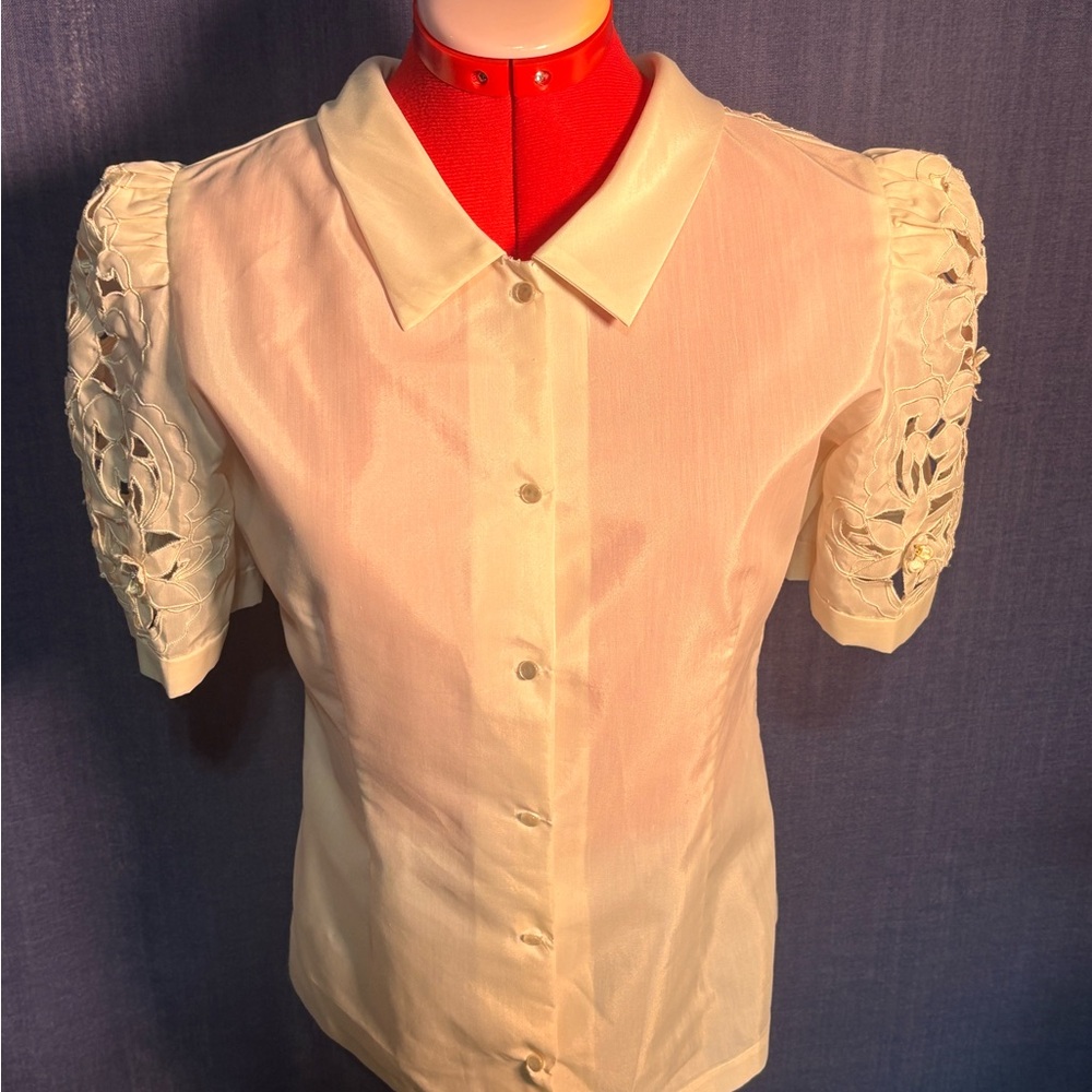 #83 Cream Button Down Blouse with Puff Sleeves and Peter Pan Collar